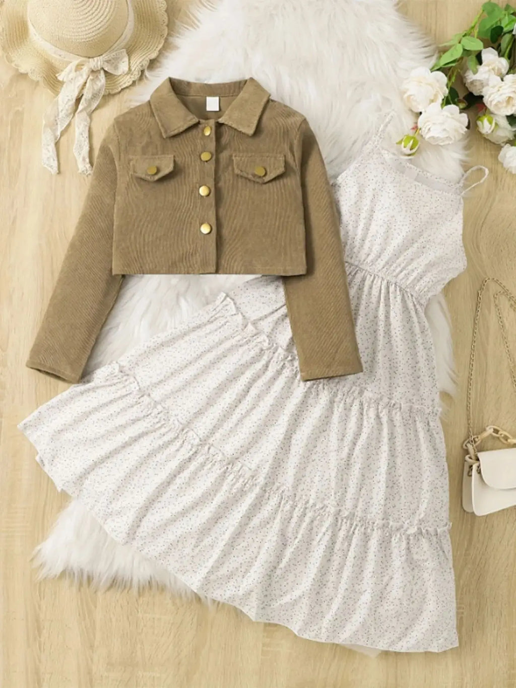 Khaki Corduroy Two-Piece Set for Girls Ages 7-13