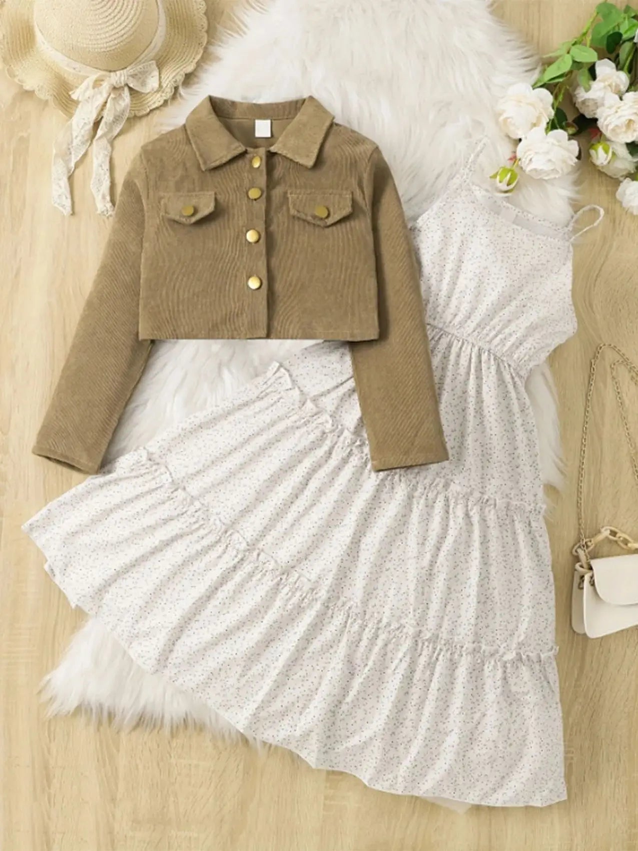 Khaki Corduroy Two-Piece Set for Girls Ages 7-13