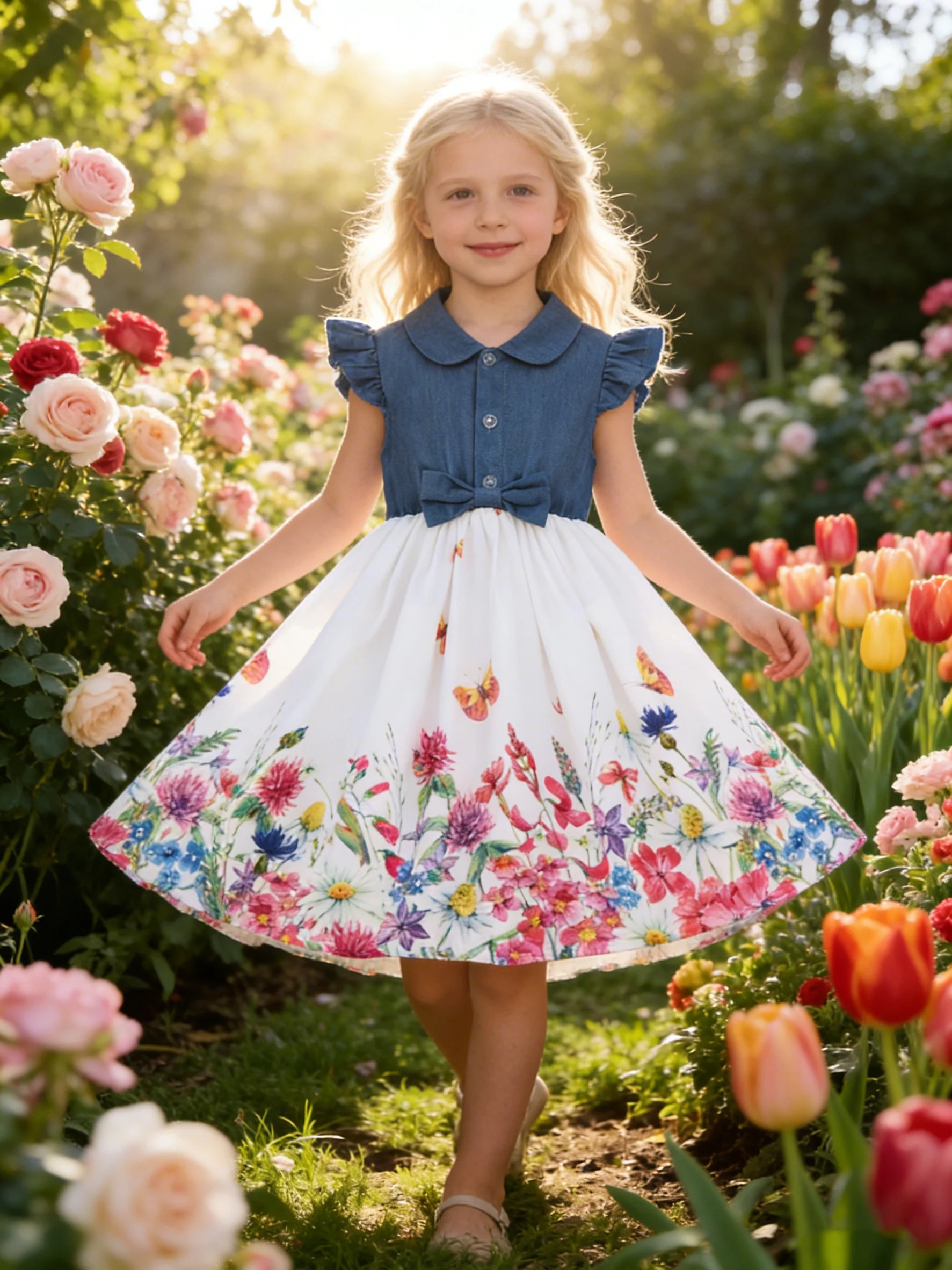 Denim Print Casual Dress for Girls with Bow and Ruffled Sleeves