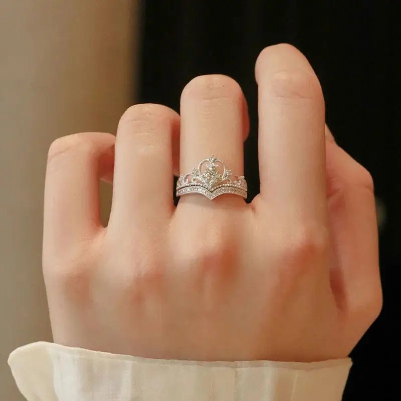 Fairy Sparkling Crown Rings Set for Women in Silvery Glass