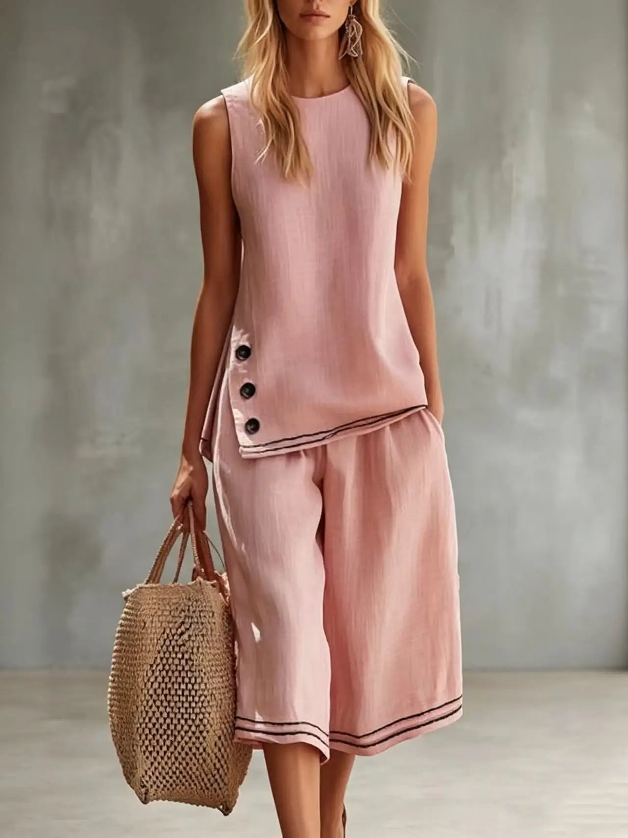 MALEY LifeStyle Women Cotton Linen Vest and Capri Pants Set