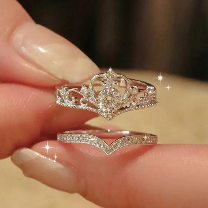 Fairy Sparkling Crown Rings Set for Women in Silvery Glass