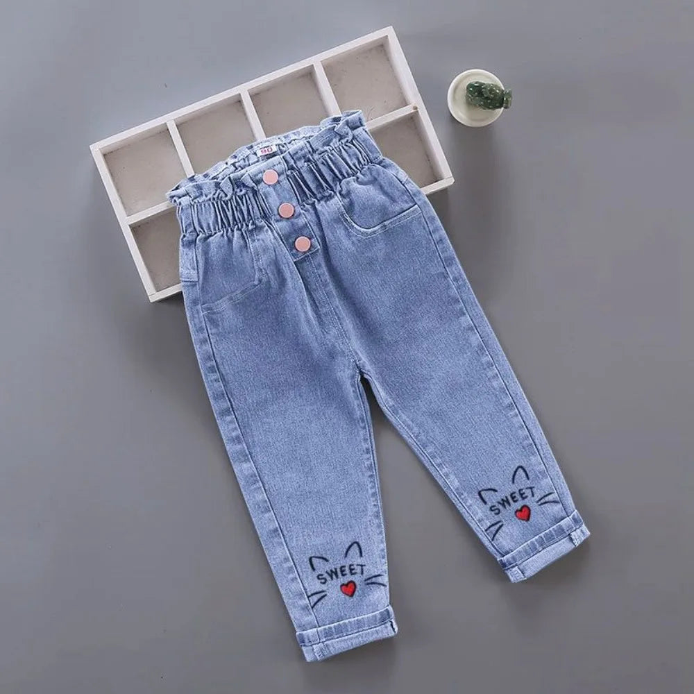 Girls Denim Pencil Pants with Elastic Waist for Casual Wear