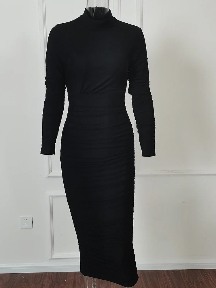 Elegant Long Sleeve Bodycon Dress for Women in Solid Color
