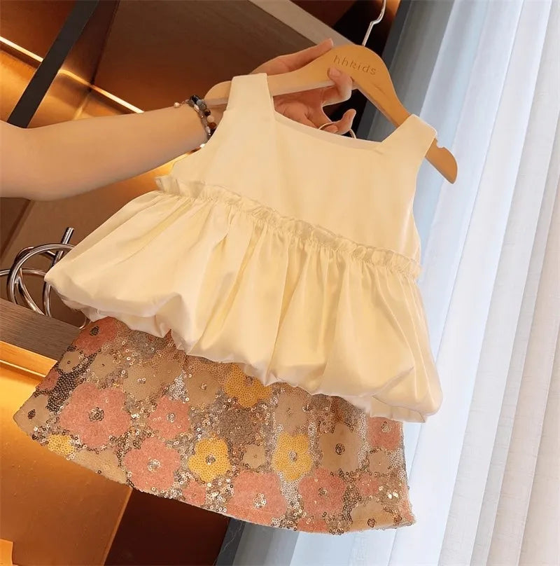 Girls' Summer Suspender Set Cotton Casual Vest and Skirt