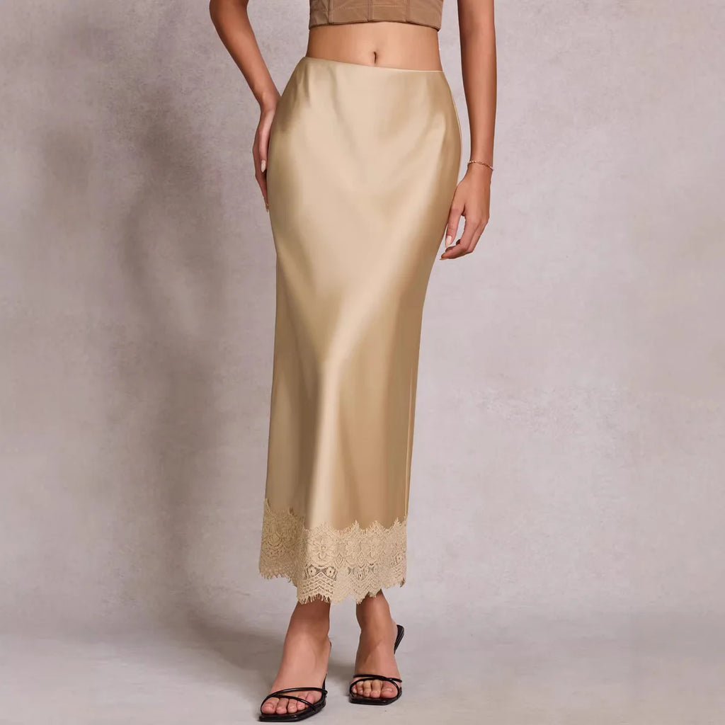 Elegant Satin Midi Skirt for Women with Lace Detail
