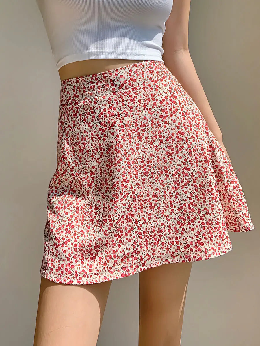 Floral Red High Waist Mini Skirt for Women in Chiffon