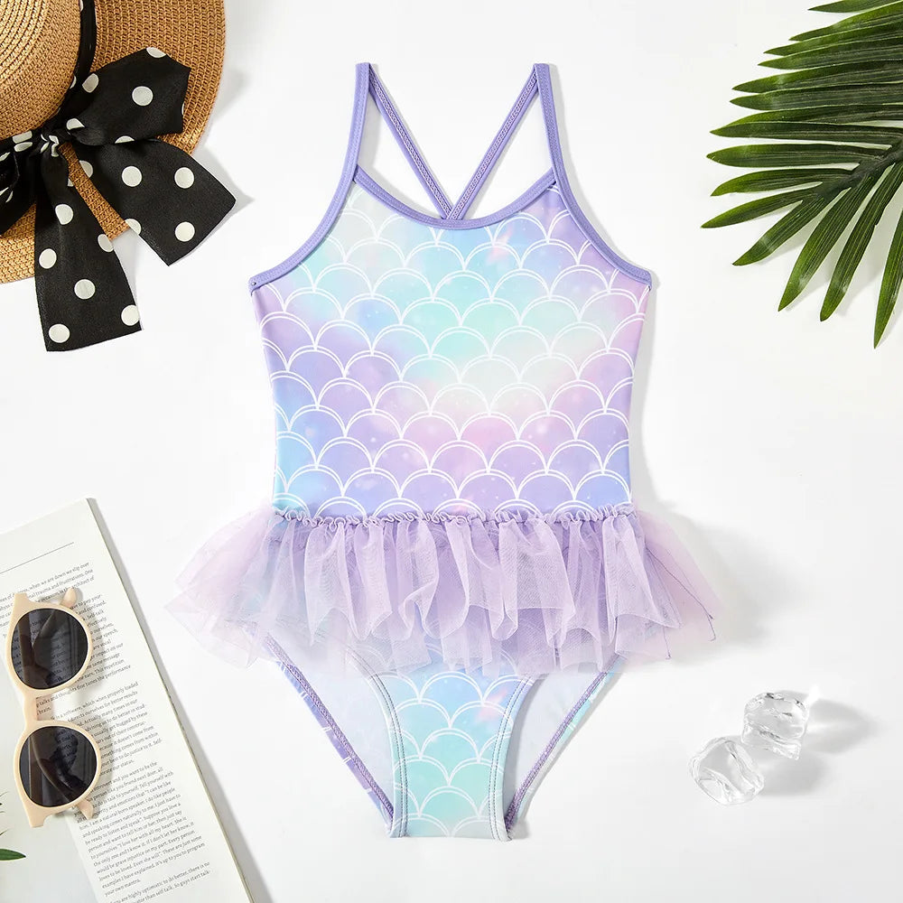 Mermaid Print One-Piece Swimsuit for Baby Girls 1-7Y