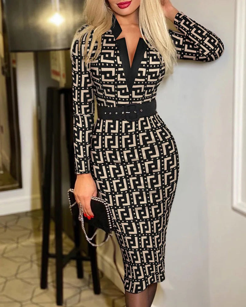 V-neck Geometric Print Slim-fit Dress for Women