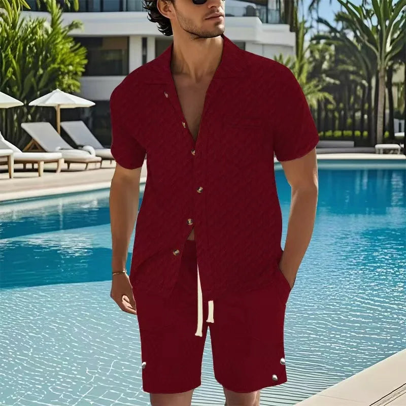 Hot Sale Men's Short-Sleeved Sets Summer Solid Loose Casual Suit Beach Style Turn-down Collar Shirts Shorts 2 Piece Sets for Men