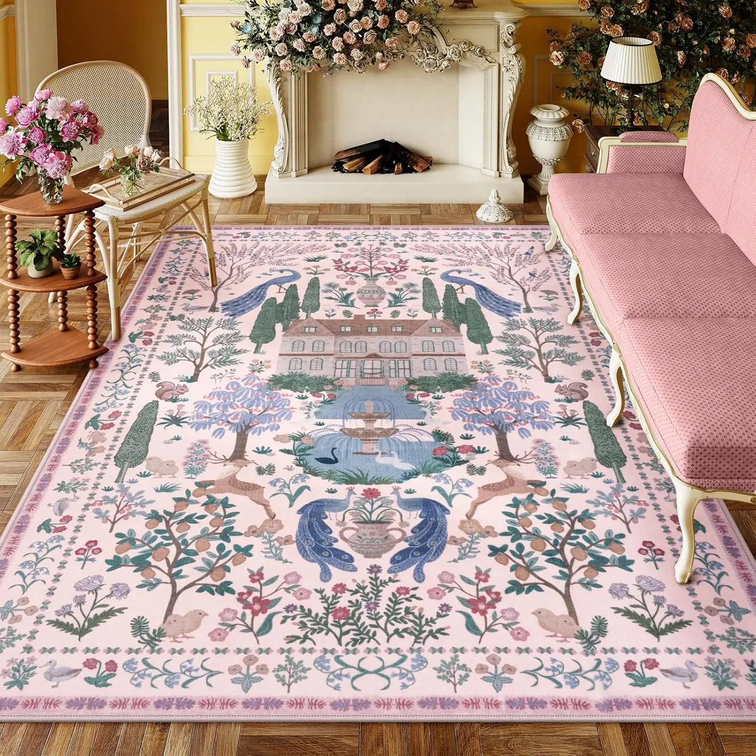 Washable Floral Pattern Living Room Rug Customizable Floor Mat