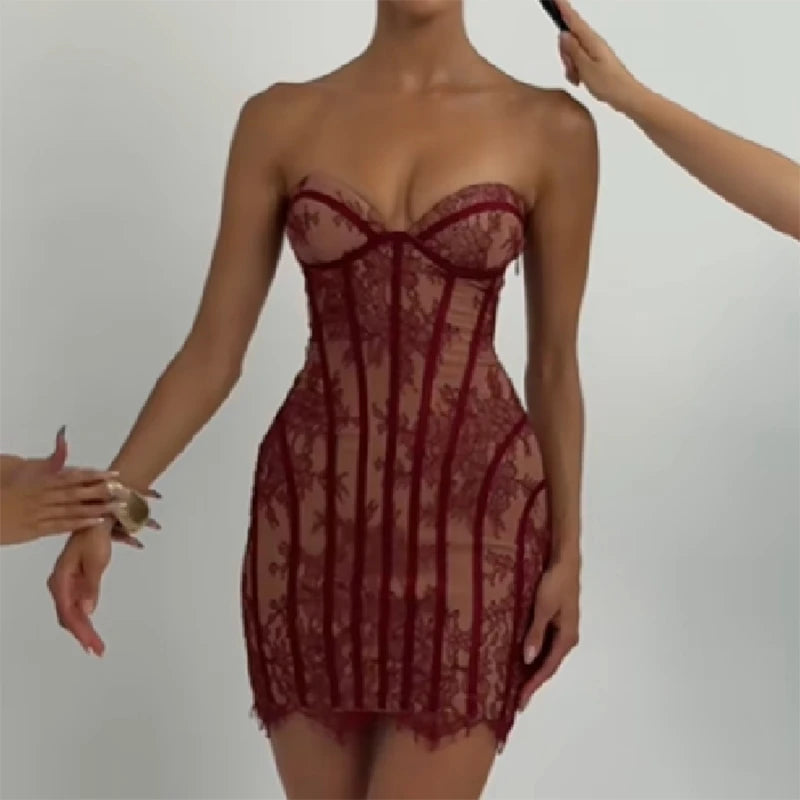 Elegant Floral Lace Strapless Slim Fit Dress for Women