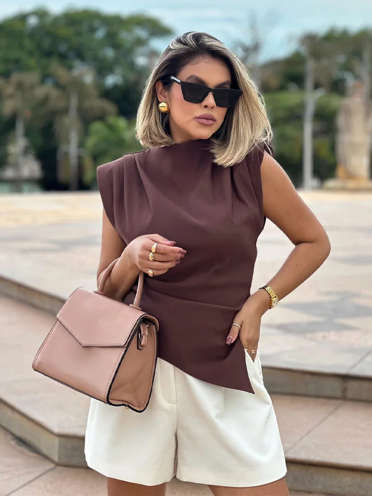 HH Woman's Summer Casual Asymmetrical Tops 3 Color Solid O-Neck Sleeveless Back Zipper Female New Fashion Slim Tops Mujer