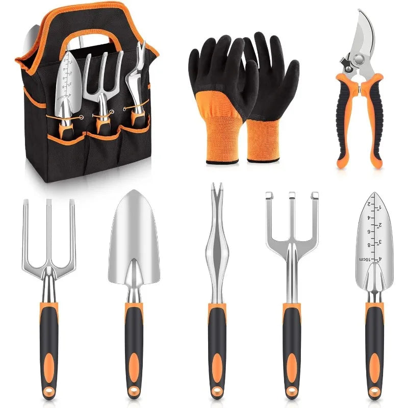 8 Piece Plastic Gardening Tool Set with Tote Bag and Pruning Shears