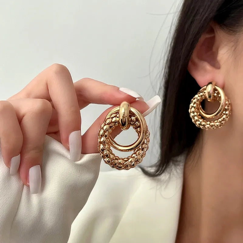 Trendy Women Drop Earrings Big Shiny Round Metal Design