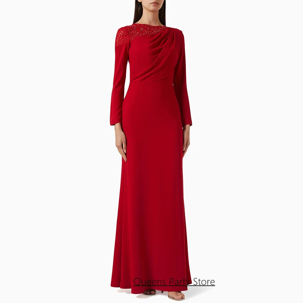 Custom Red Evening Dress with Sequined Lace and Full Sleeves