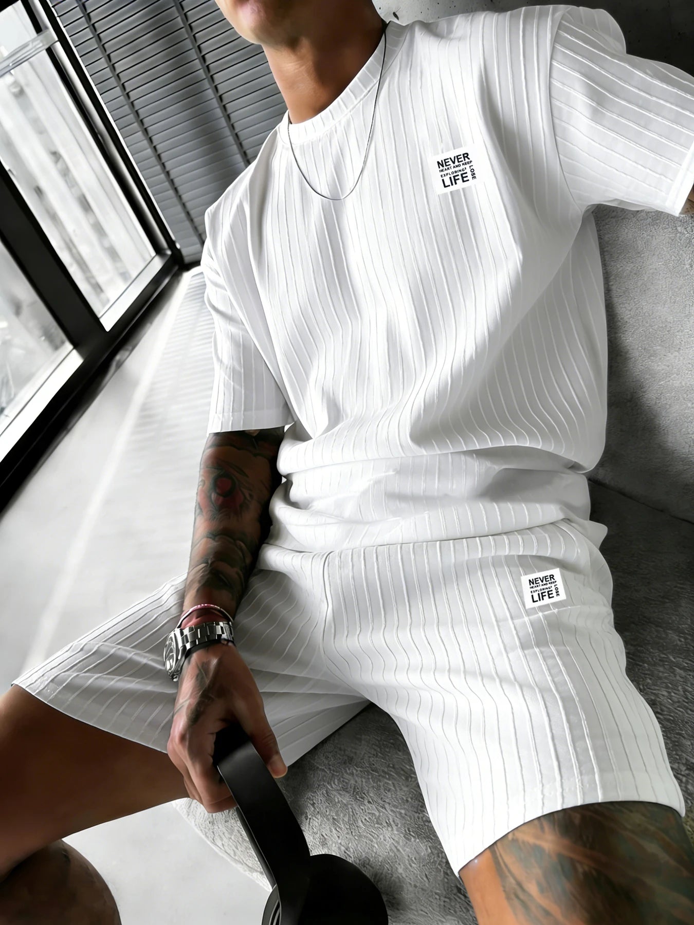 Men's Textured “Never Lose Your Way” Embroidered Detail Two-Piece Casual Set: Short-Sleeve T-Shirt and Shorts