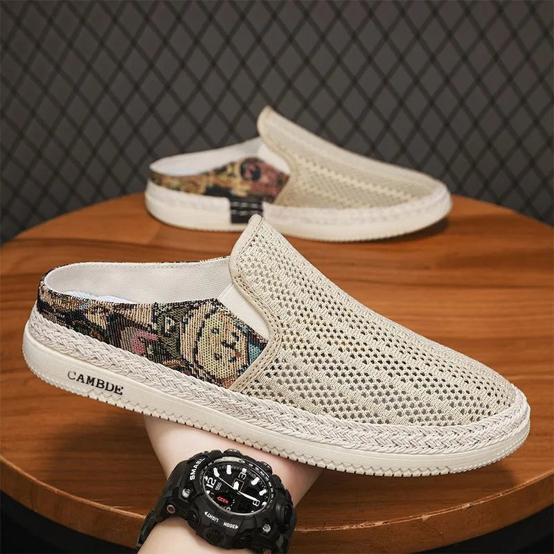 Men's Shoes Mesh Half Slippers Trend Outdoor Round Toe Casual Shoes Lightweight Hollow Sneakers Summer Breathable Slip-On Shoes