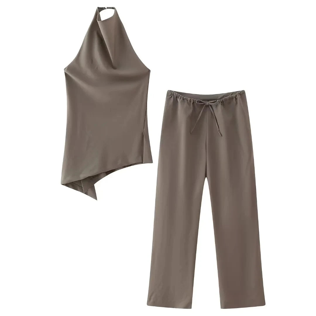 HH Women Vintage Solid Pant Set Backless Halter Top and Drawstring Trousers