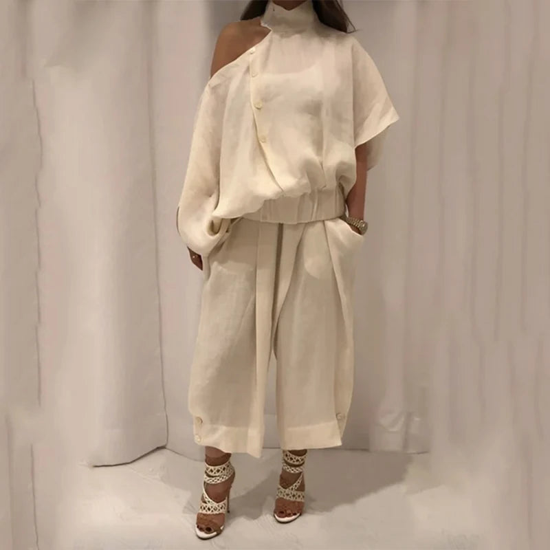 Women's Casual Cotton Two Piece Set with Wide Leg Pants