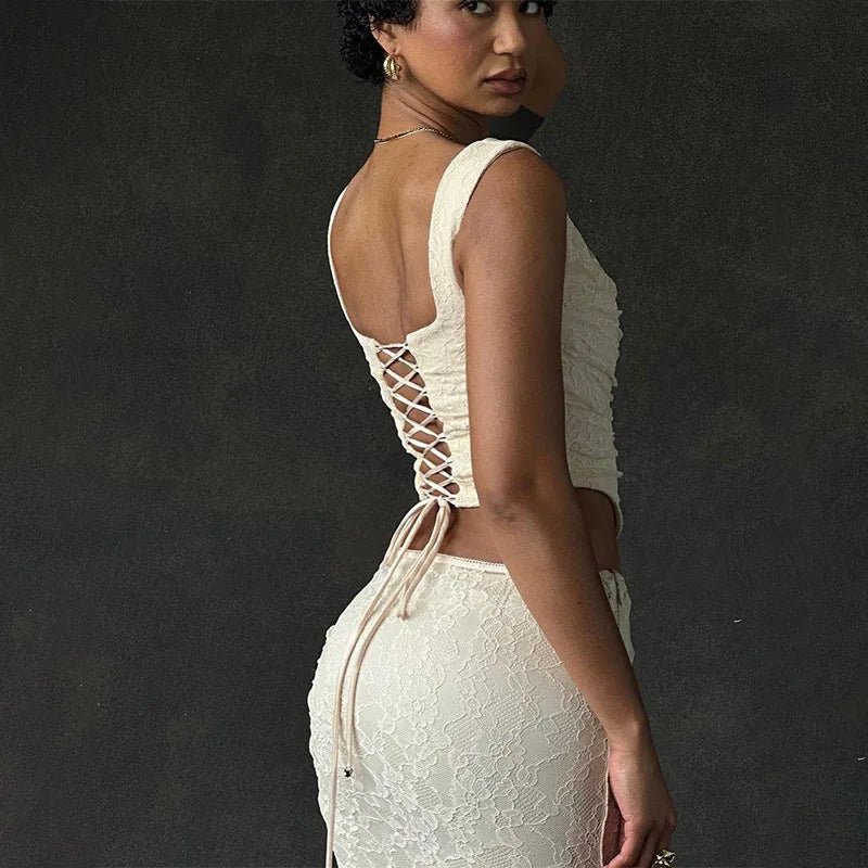 Gtpdpllt Elegant Lace Two Piece Set Women Corset Top and Long Skirt