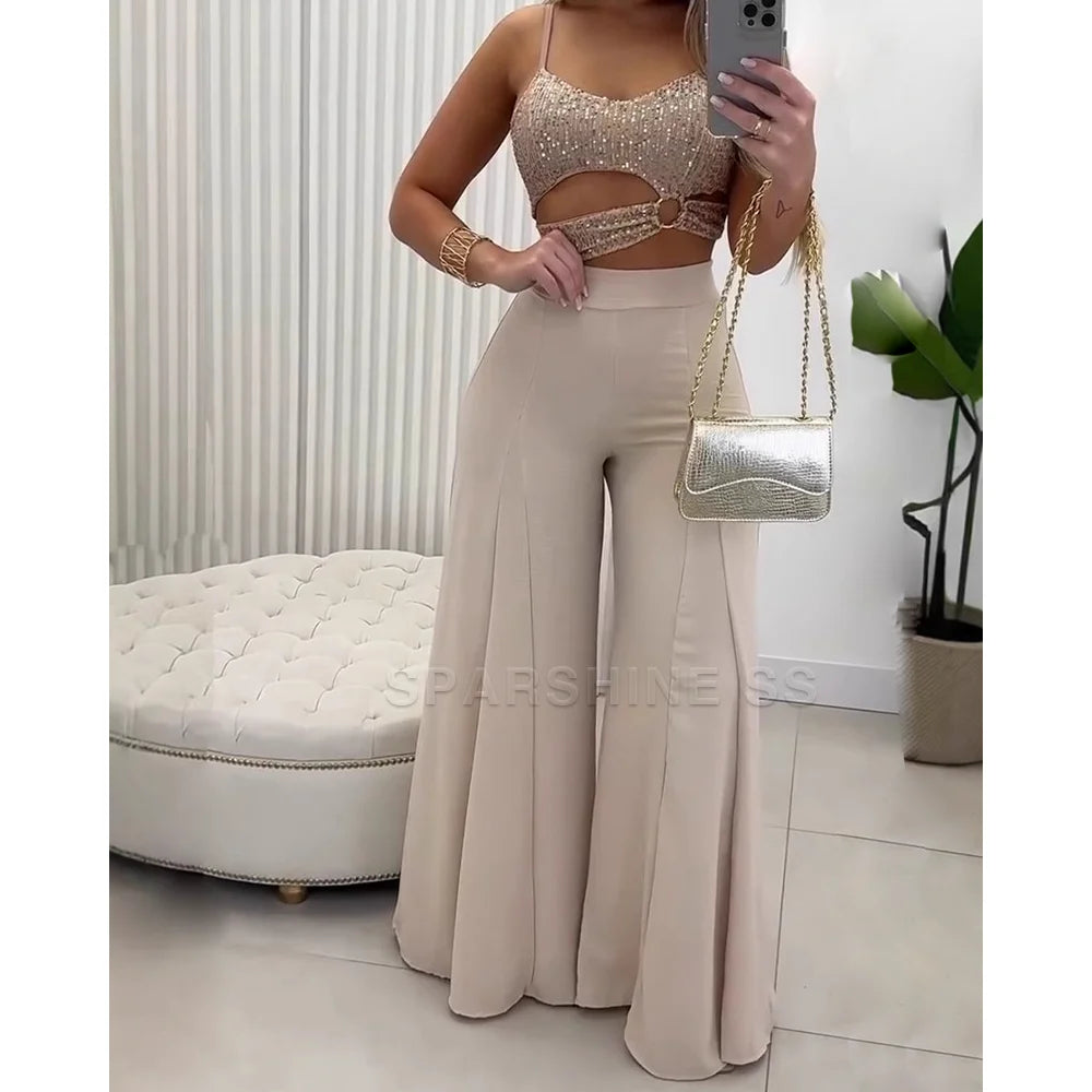 MALEY LifeStyle Women's Casual 2 Piece Outfit with Wide Leg Pants