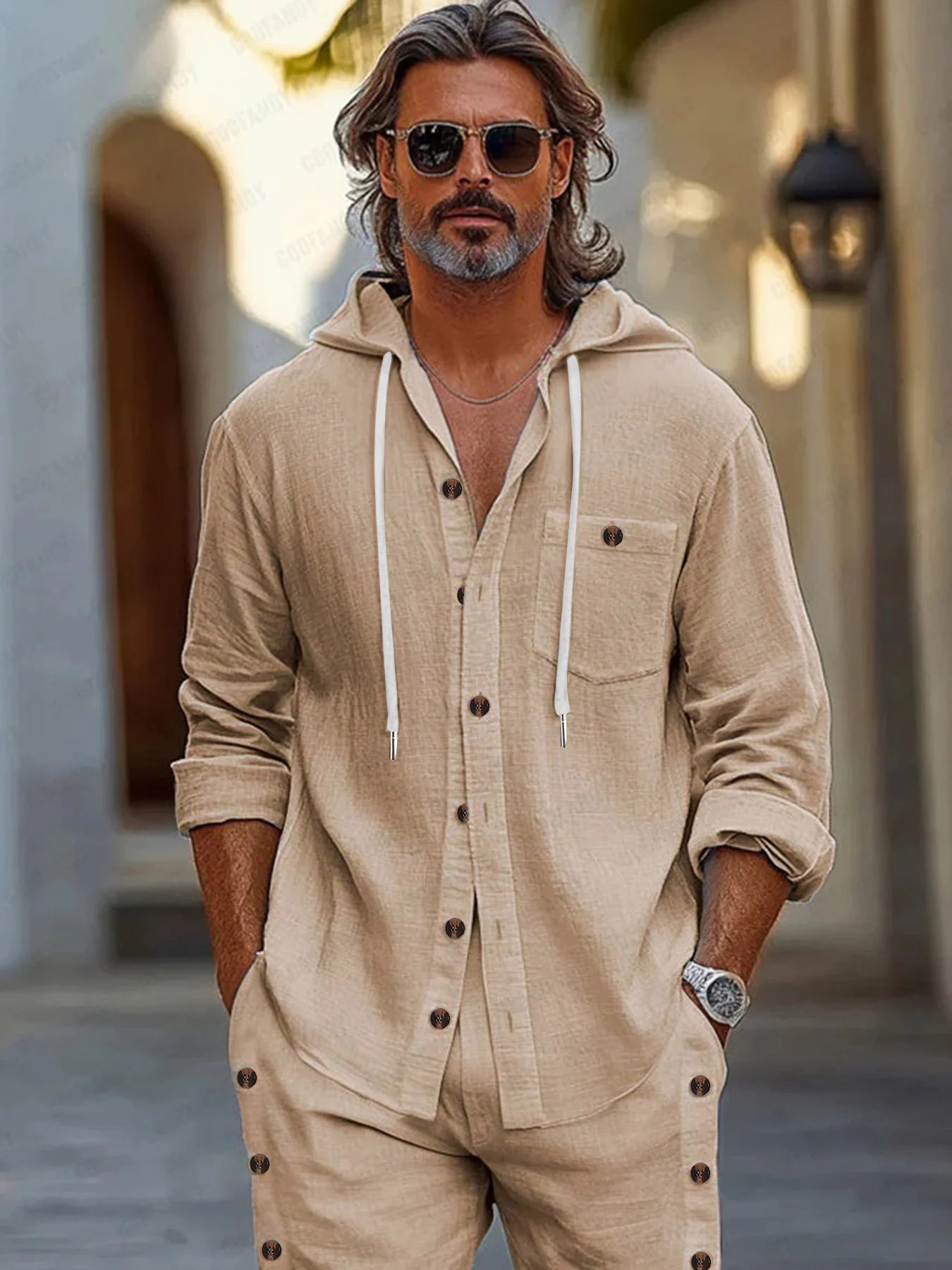 Men's 2 Piece Textured Outfits, Beige Hooded Shirt & Drawstring Pants Set