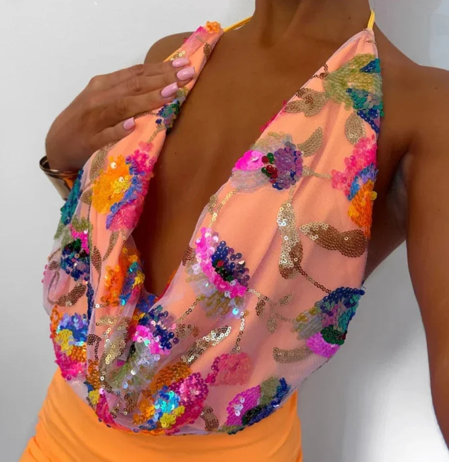 Chic Sequined Halter Skirt Set for Women Party Outfits