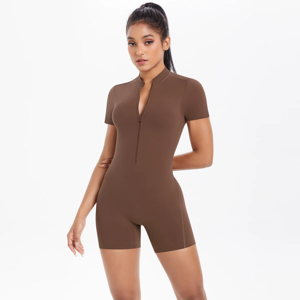 Rooftrellen Women's Short Zipper Gym Jumpsuit for Yoga