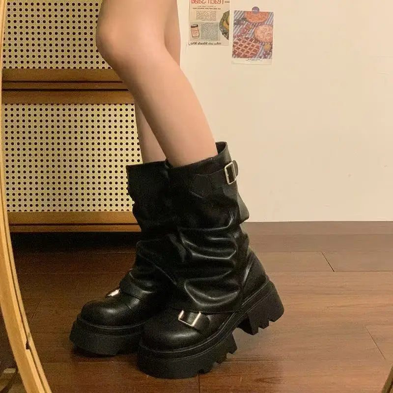 Mid-Calf Women's Platform Boots with Buckle and Side Zip