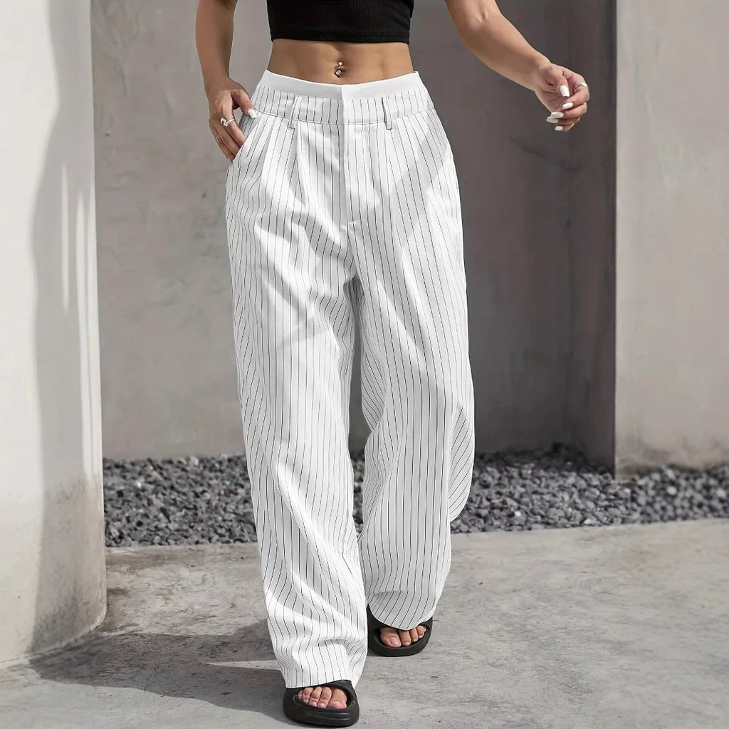 Women's High Waisted Stripe Straight Pants for Office Wear