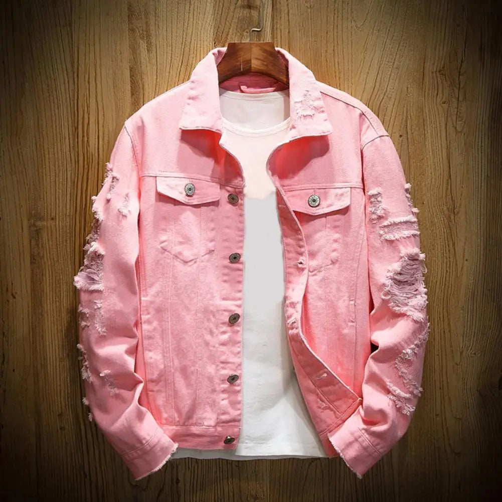New 2024 Men's Fashion Jeans Jacket Solid Spring Autumn Cotton Denim Jacket Men White Black Pink Ripped Hole Jean Coats Male
