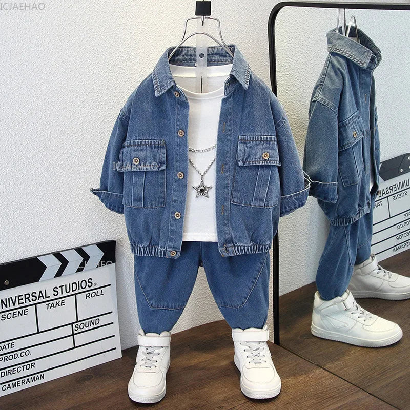 Trendy Boys Denim Set Cotton Jacket and Pants Outfit