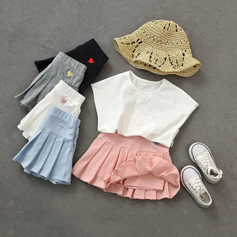 Cute Girls Pleated Skirt with Heart Print for Ages 7-13
