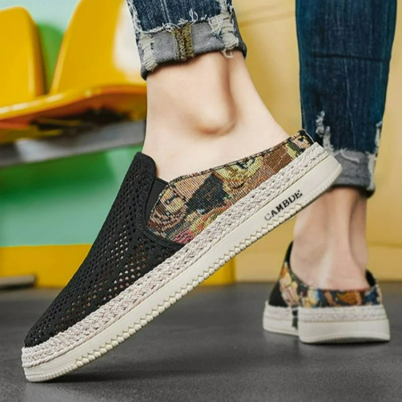 Men's Shoes Mesh Half Slippers Trend Outdoor Round Toe Casual Shoes Lightweight Hollow Sneakers Summer Breathable Slip-On Shoes