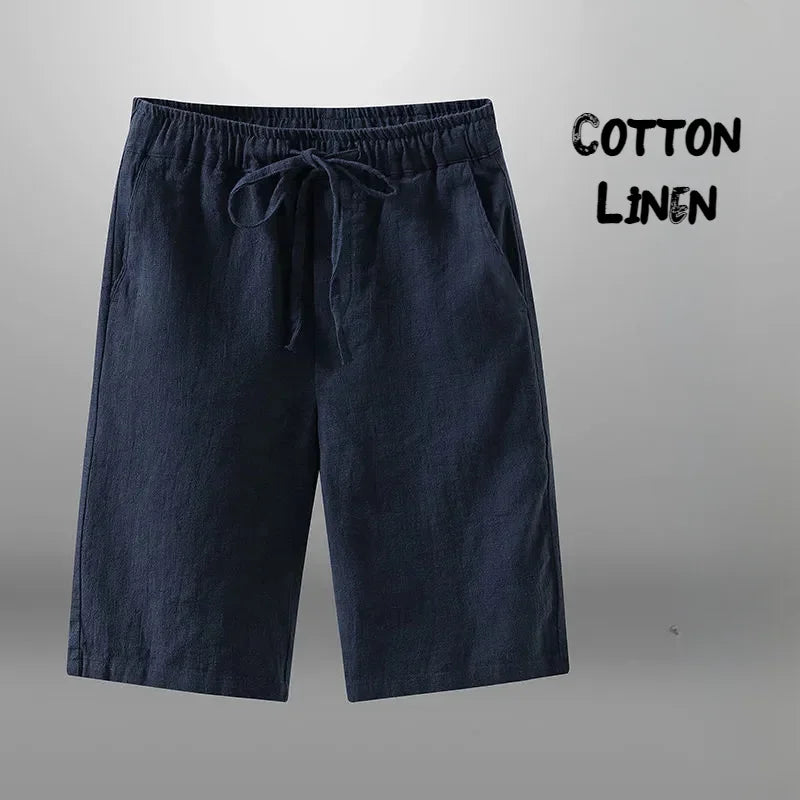 Men's Cotton Linen Casual Knee Length Beach Shorts