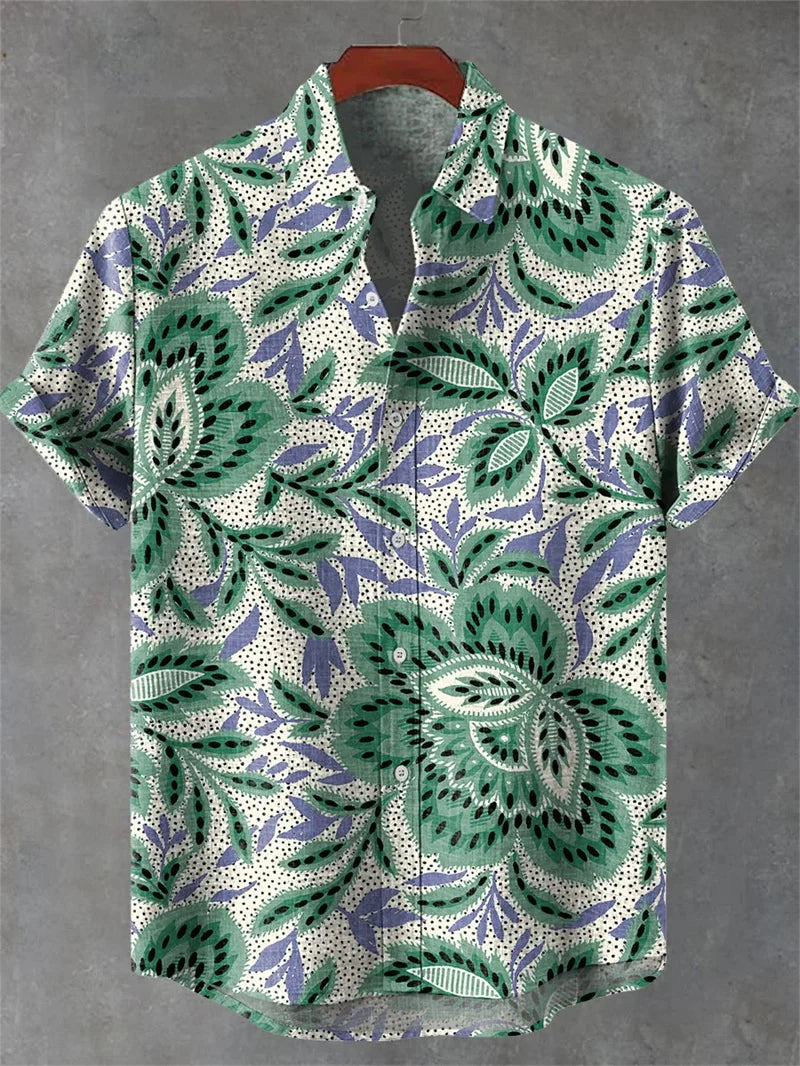 New Vintage Style Men's Linen Short Sleeve Shirt Flower Top Fashion Casual Holiday Fashion Men's Printed Shirt