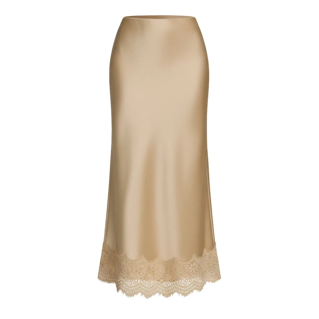 Elegant Satin Midi Skirt for Women with Lace Detail