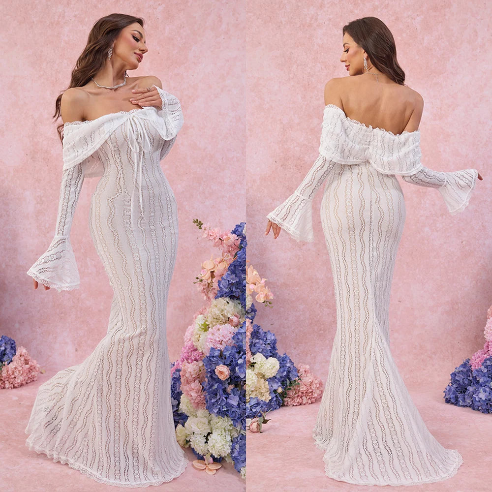 Elegant White Evening Dress with Red Lace Long Sleeves