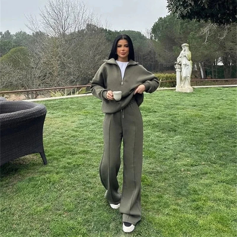 Solid Color Pullover Sweatshirt and Trousers Set for Women