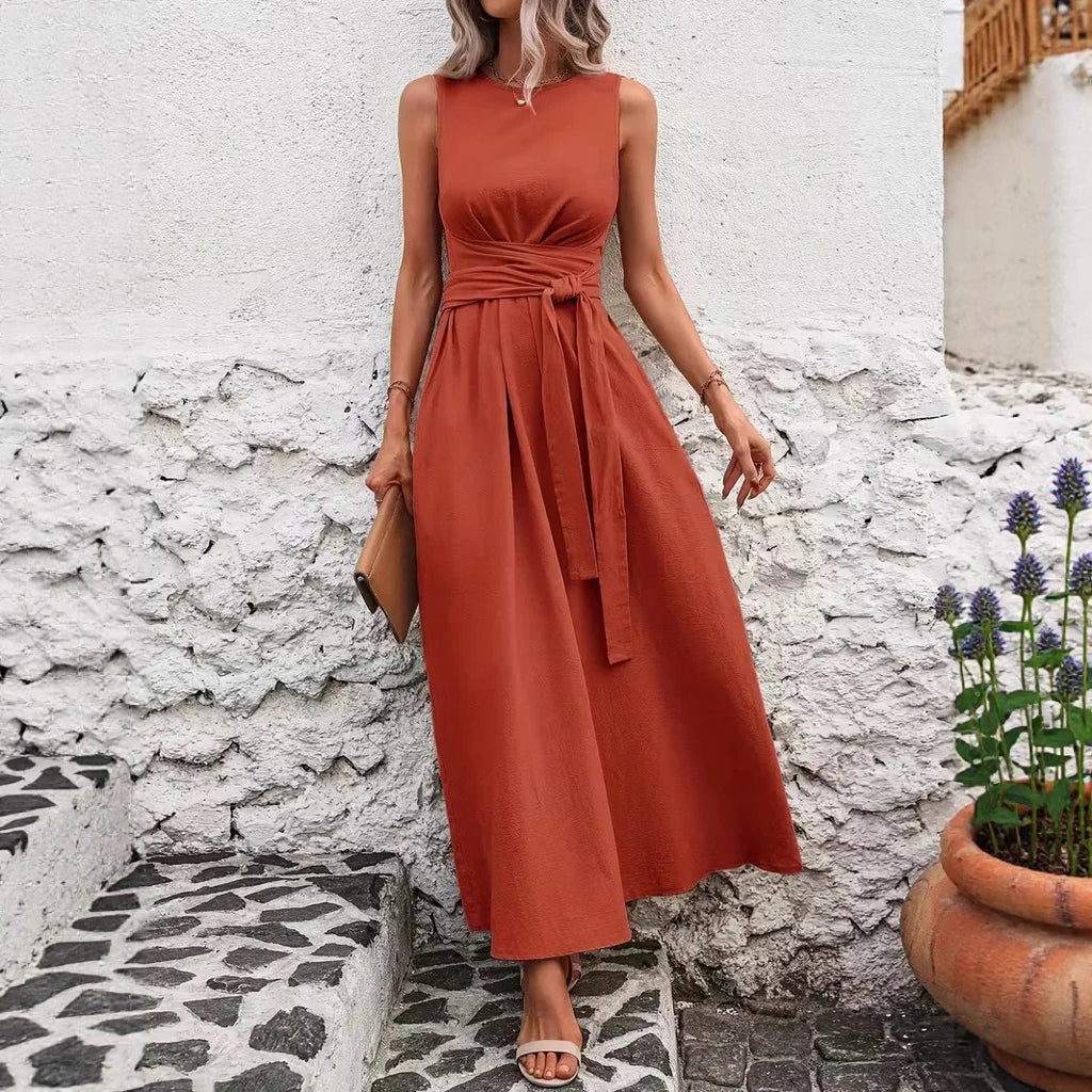 Elegant A-Line Midi Dress for Women in Solid Color