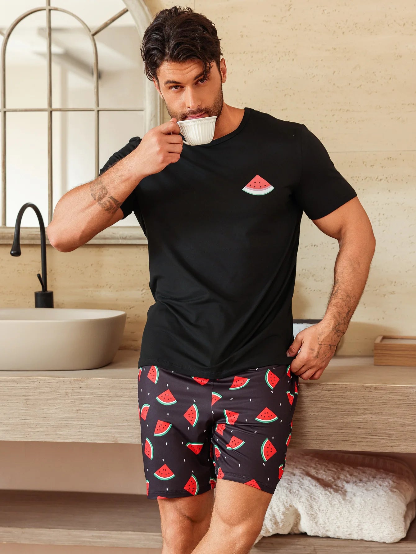 Men's Pajamas Loungewear Set New Loose Two-Piece Set Boys Fashion Solid Color Short Sleeve Shorts Pajama Pants Pijama Hombre