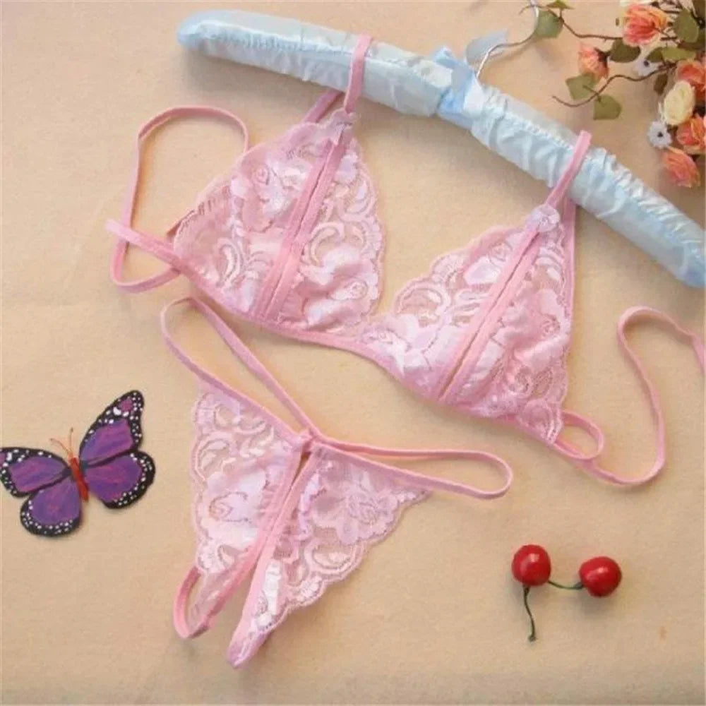 Lace Up Bra and Open Crotch G-String Set for Women