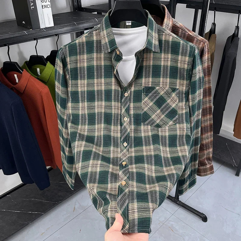 2026 Autumn New Men's Printed Striped Long Sleeved Shirt Casual Fashion Versatile Men's Top