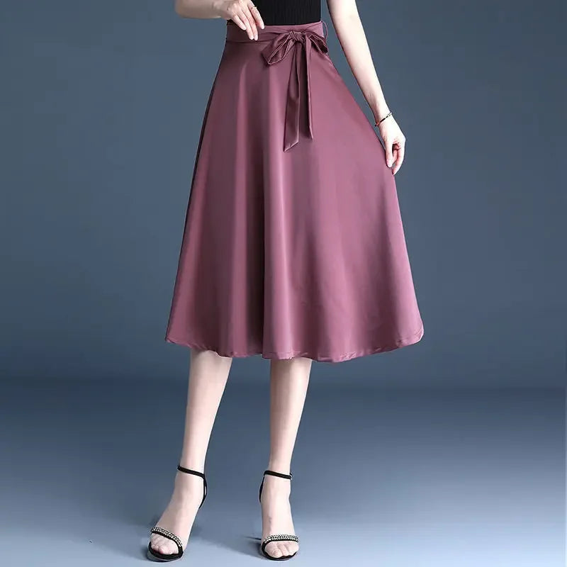 Cotton Blend A-Line Midi Skirt for Women with Lace-Up Detail