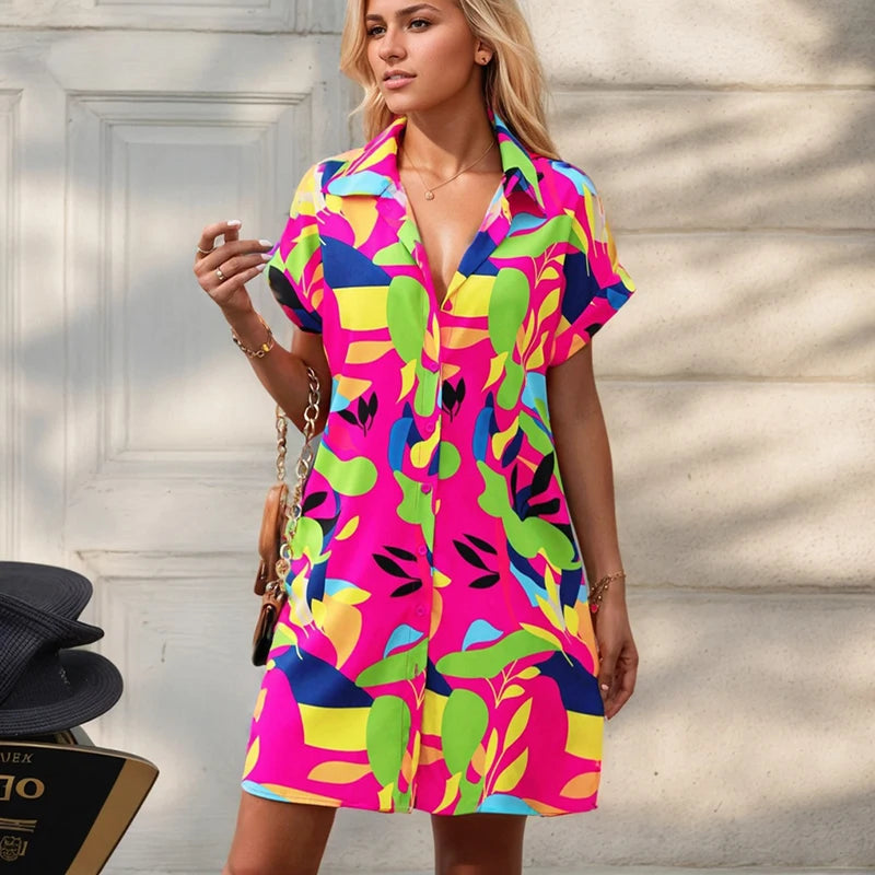 Colorful Flower Print Mini Dress with Short Sleeves for Women