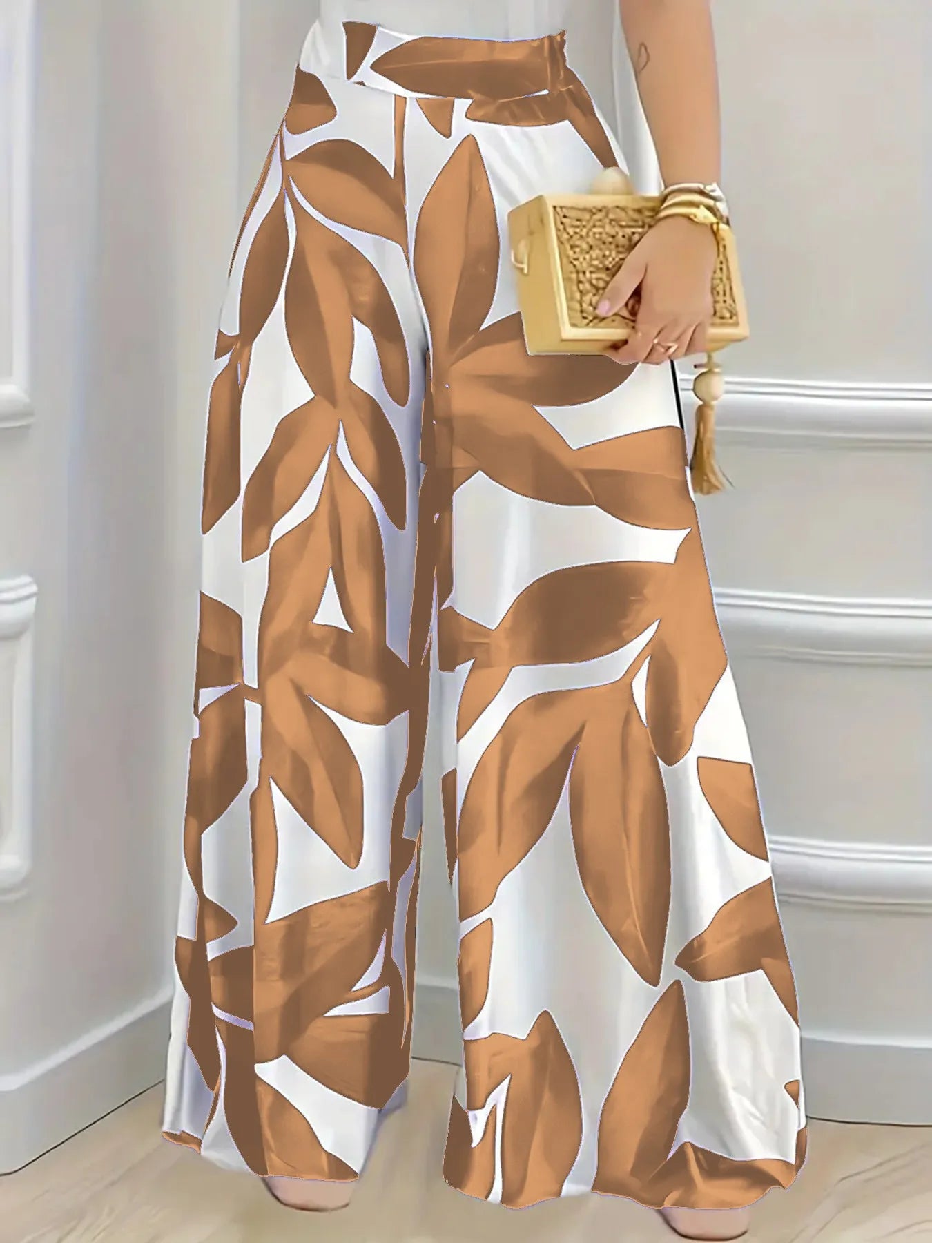 Elegant Boho Wide-Leg Trousers for Women in Blue Leaf Print