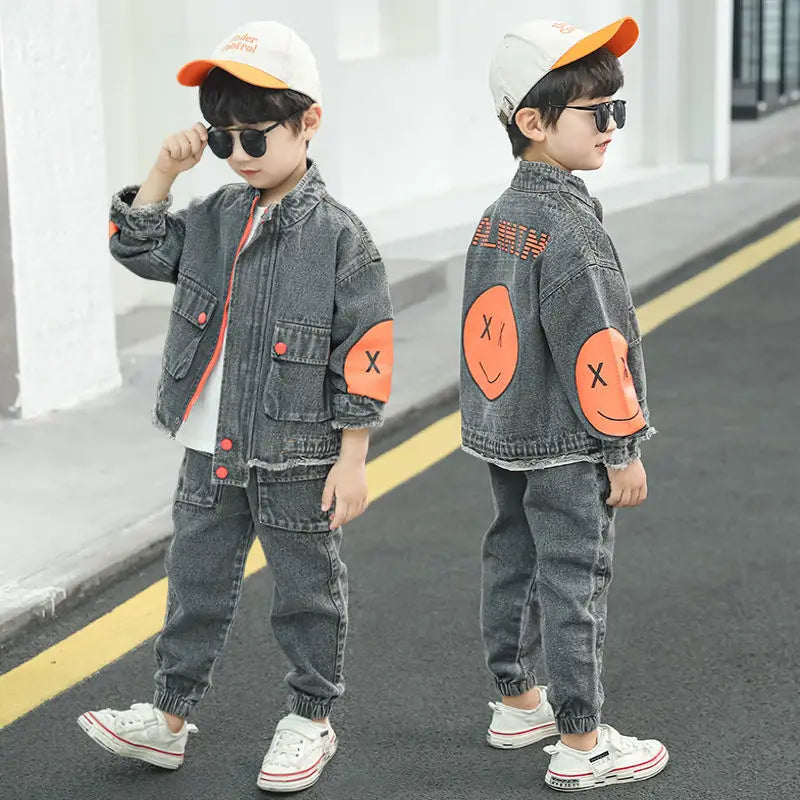 FUKEXIN Boys Denim Tracksuit Set for Ages 4-6 Years