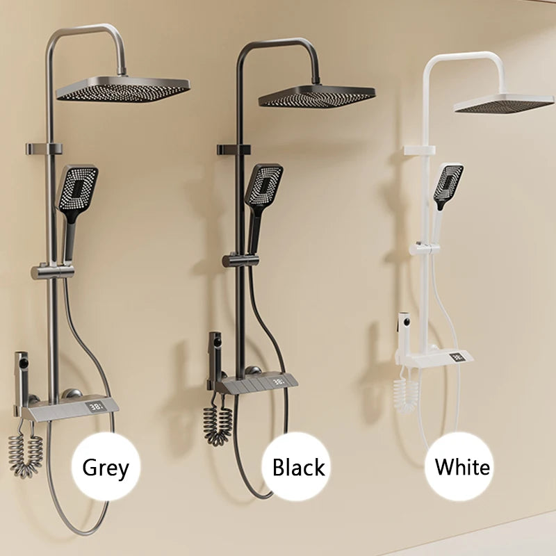 Black and White Gray Shower Set with Digital LED Display