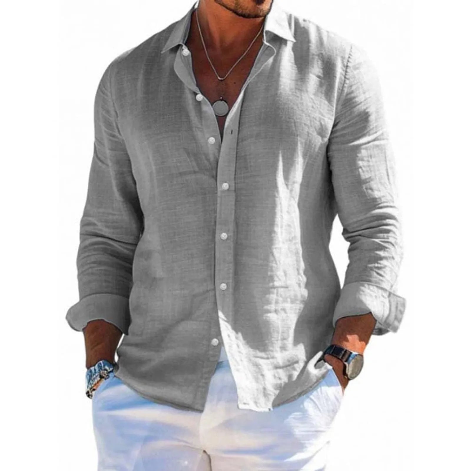 Men's Casual Long Sleeve Polyester Shirt for Spring and Summer